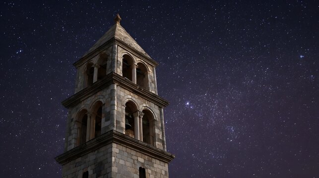 A majestic stone bell tower with multiple arched openings and a pointed steeple viewed against a deep star filled night sky