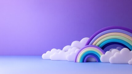 Colorful 3D rainbows emerging from fluffy clouds against a vibrant purple backdrop, creating a whimsical atmosphere