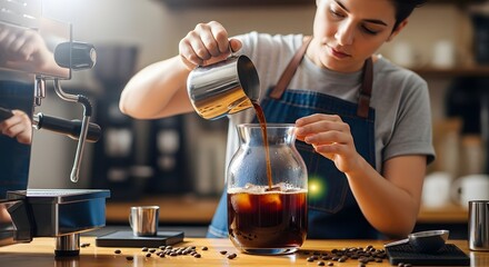 Barista pouring cold brew coffee into a glass pitcher with ice.