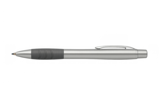 Ballpoint pen with silver barrel and black rubber grip for writing, office, and education on transparent background