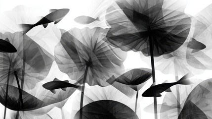 Ethereal black and white water lilies with ghostly fish swimming among their translucent petals