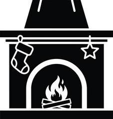 Black silhouette icon of a fireplace with a flame and decorative elements on a white background Keywords: fireplace, icon, silhouette, black, white background, fire