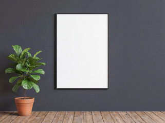 Blank white vertical poster frame mockup on dark grey wall in modern minimalist interior contrast design elegant atmosphere wood floor front view flat lighting high resolution art gallery background 