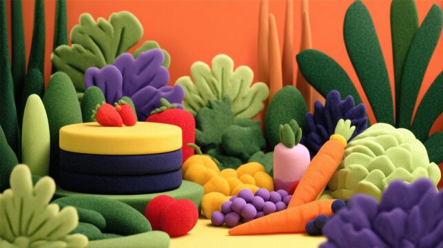 Colorful arrangement of playful, stylized fruits and vegetables on a vibrant background, ideal for creative projects