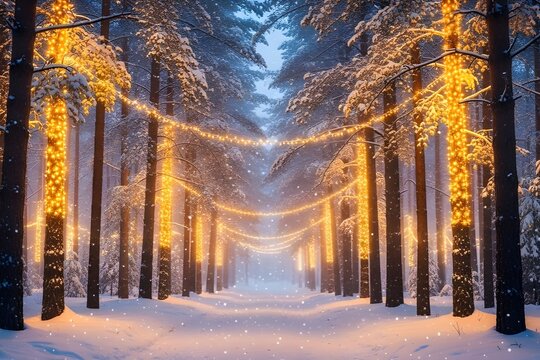 Magical Snowy Forest with Glowing Christmas Trees and Fairy Lights – Fantasy Winter Vector Background