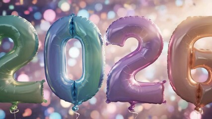 Colorful 2020 balloon numbers sparkle, festive New Year's Eve celebration, shimmering party backdrop with metallic hues