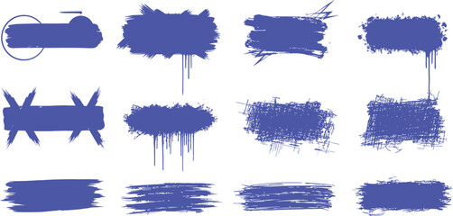 Collection of twelve blue grunge paint splatter shapes for graphic design elements
