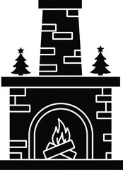 Black Silhouette of a Fireplace with Flames and Decorative Elements on White Background hearth home
