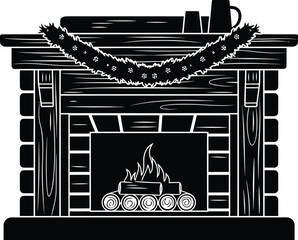 Black Silhouette of a Fireplace with Flames and Decorative Elements on White Background hearth home