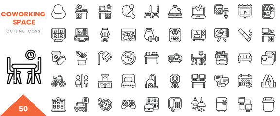 A diverse collection of outline icons representing essential elements of a coworking space.