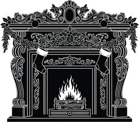 Ornate Black Silhouette of a Grand Fireplace with Detailed Mantle and Flame illustration