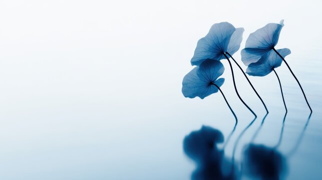 Serene blue water lilies gracefully rising above a tranquil surface, creating a calming atmosphere