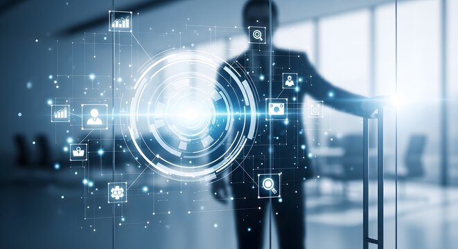 Futuristic business technology interface with man in suit