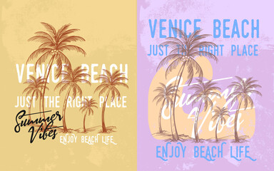 Fototapeta premium Tropical palm trees silhouette on a sandy beach at sunset, perfect for a summer holiday vector illustration or travel poster design, t-shirt, sweatshirt, summer beach.