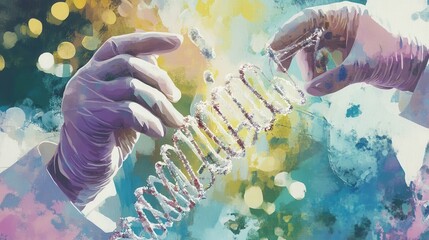 Hands Holding DNA Strand on Colorful Background