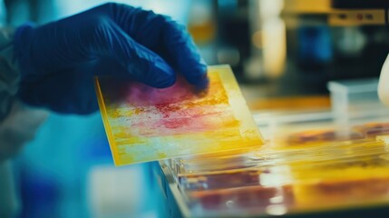 Laboratory Hand Holding Colorful Slide for Testing