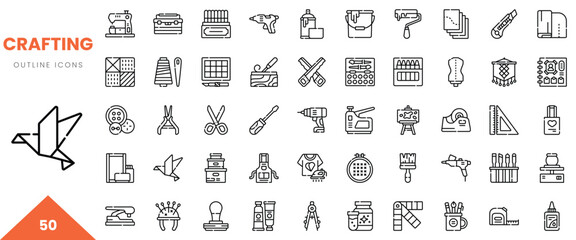 A collection of 50 crafting outline icons showcasing various tools and materials for creative projects.