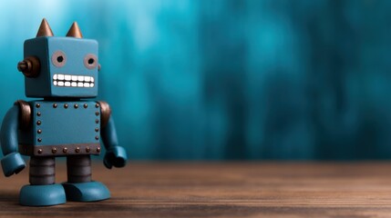 A playful blue robot toy stands on a wooden surface against a blurred teal background, exuding charm