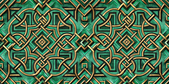 Intricate turquoise and gold geometric pattern featuring overlapping designs.