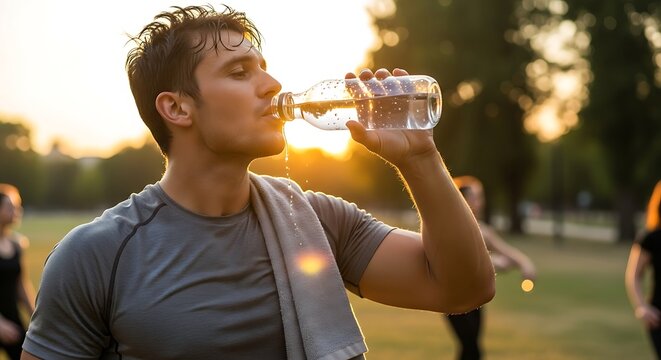 Thirsty athlete drinking water from a bottle after a workout at sunset in the park.