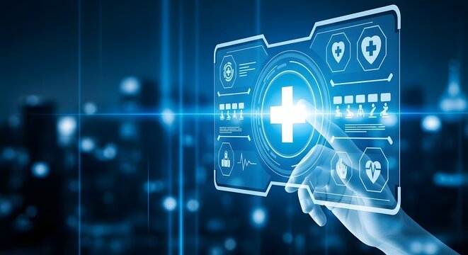 Futuristic healthcare technology interface with hand touching screen