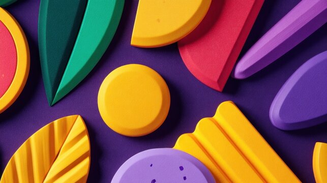 Vibrant assortment of colorful geometric shapes and leaves arranged artistically on a purple background
