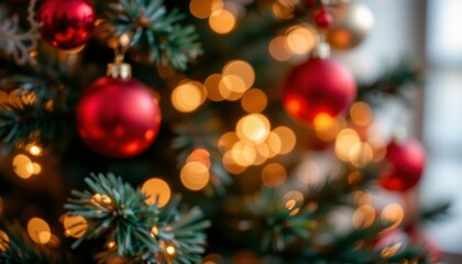 Abstract blurred Christmas texture background. Rich, deep red tones mixed with sparkling gold bokeh lights, suggesting out of focus ornaments and lights on a tree