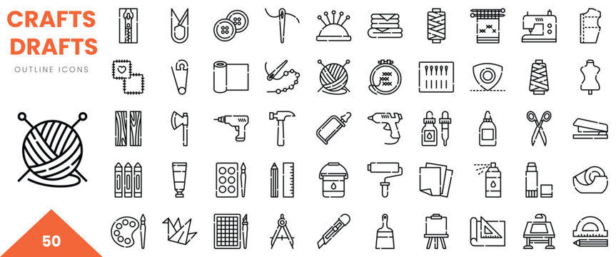 Collection of various crafting and sewing icons in a minimalist outline style.