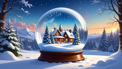 Magical Christmas snow globe with a cozy winter house scene.