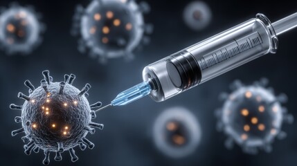 Vaccine injection action medical illustration of syringe delivering medicine to virus high-fidelity concept science environment