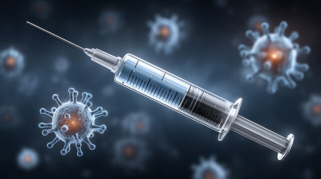 Vaccine injection with glowing syringe medical laboratory digital illustration high fidelity science concept