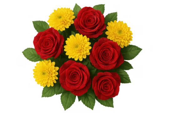 Red roses and yellow chrysanthemums bouquet creating a vibrant floral arrangement for celebration and gifting, transparent background