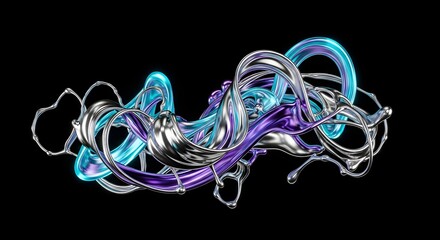Abstract liquid metal silver turquoise purple splash design dynamic flowing chrome gradient shape on black background