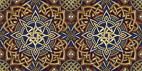 Intricate geometric pattern featuring a golden star motif with rich blue and red elements.