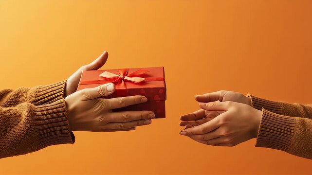 Close-up of hands exchanging red gift boxes against orange background