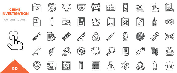 A collection of crime investigation icons in black and white outline style, perfect for design projects.