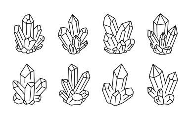 Fototapeta premium Collection of hand drawn crystal clusters in outline style