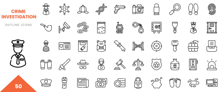 Diverse crime investigation outline icons featuring police, forensic tools, and evidence collection.