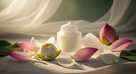 Lotus Flower Extract Cream Bottle with Pink and White Petals - Natural Asian Skincare and Spa Concept