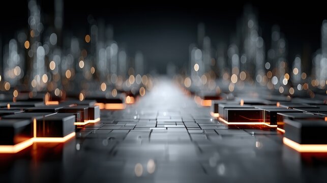 Abstract tech landscape with glowing lines, leading into the distant bokeh lights