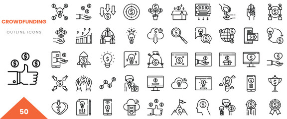 Collection of crowdfunding outline icons illustrating financial themes and ideas.