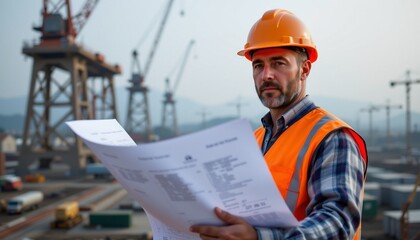A medium close up of an experienced construction manager wearing a hard hat, holding a large blueprint. He is pointing towards an expansive construction site foundation