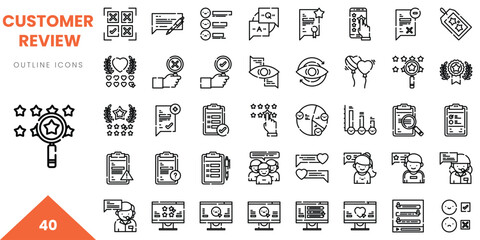 A collection of 40 outline icons representing customer reviews and feedback processes.