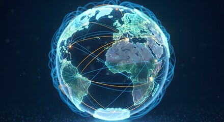 Global network connection technology over planet earth visualization worldwide data transmission digital communication background