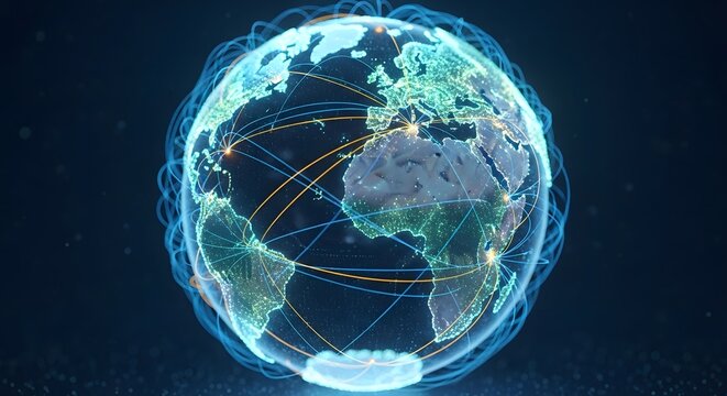 Global network connection technology over planet earth visualization worldwide data transmission digital communication background
