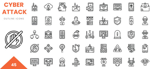 Various cyber attack outline icons, including security symbols and hacker illustrations.