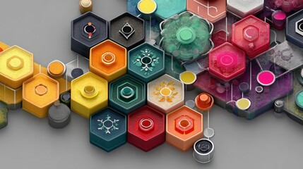 Complex, colorful geometric honeycomb design with textured hexagonal shapes