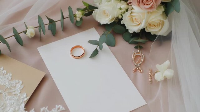 Elegant wedding invitation card with gold ring, rose bouquet, earrings, lace veil and green eucalyptus leaves on pastel pink background