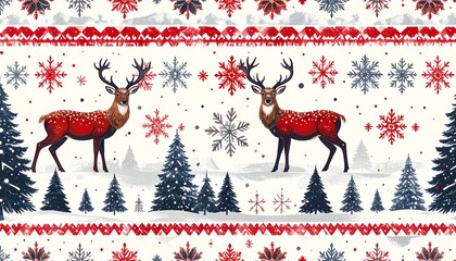 Traditional Christmas sweater design with reindeer in a winter forest.
