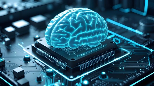 Futuristic AI brain processor on advanced circuit board, showcasing artificial intelligence, neural computing, digital innovation, next-gen technology and high-tech engineering